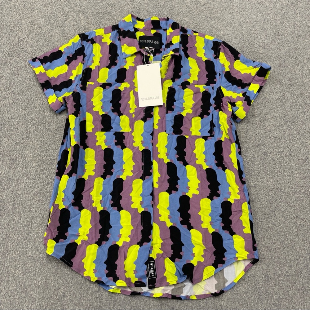 Bold Abstract Face Print Button-Up Shirt - Neon Yellow, Black, Lavender, Blue